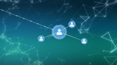 Yeşil gradyan arkaplandaki bağlantı ağı üzerinden profil simgeleri ağının canlandırılması. Küresel ağ ve iş teknolojisi kavramı