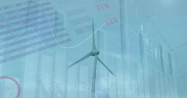 Animation Statistical Data Processing Spinning Windmill Blue Sky Renewable Energy — Stok Video