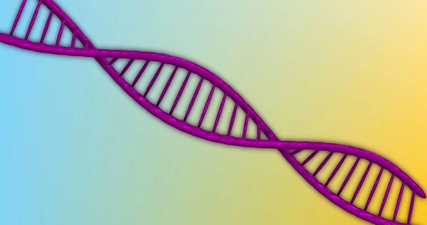 紫色のDnaの構成は黄色の背景の上に立つ 遺伝学の概念デジタルで生成された画像 — ストック写真