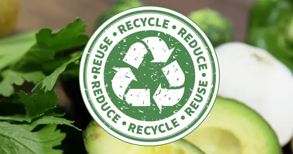 リサイクルテキストと果物や野菜の上に署名の複合体 エコ健康食品や家庭栽培のコンセプトデジタルで生成されたイメージ — ストック写真