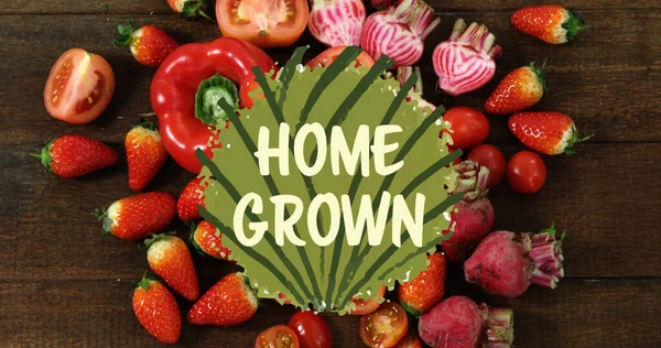 复合土生土长的文字比水果和蔬菜 生态健康食品和家庭种植产品概念数字化生成的图像 — 图库照片