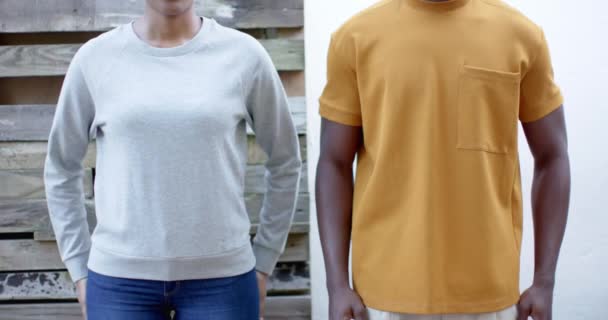 Afroamerykanka Szarej Bluzie Mężczyzna Żółtej Koszuli Zwolnione Tempo Przestrzeń Kopiowania — Wideo stockowe