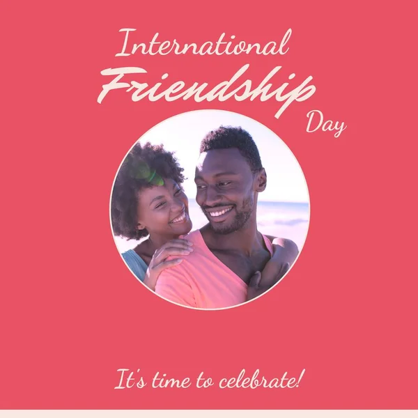 International Friendship Day Text Pink Happy African American Couple Sunny — Stock Photo, Image