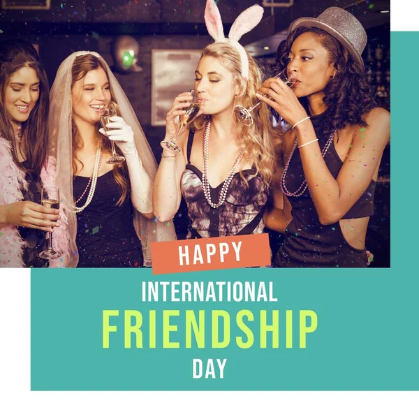 Happy International Friendship Day Text Green Happy Diverse Female Friends — Stock Photo, Image