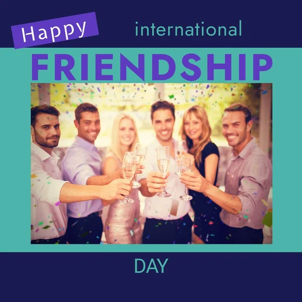 Happy International Friendship Day Text Blue Happy Caucasian Friends Drinking — Stock Photo, Image