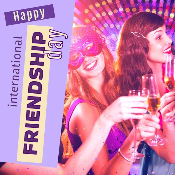Happy International Friendship Day Text Lilac Happy Caucasian Female Friends — Stock Photo, Image