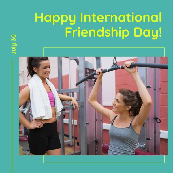 Feliz Dia Amizade Internacional Texto Verde Com Feliz Caucasiano Amigos — Fotografia de Stock