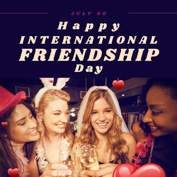 Feliz Texto Del Día Internacional Amistad Con Felices Amigas Diversas — Foto de Stock