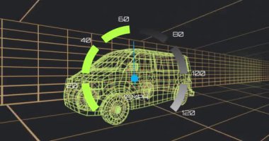 Animation of speedometer interface over 3d van model moving in seamless pattern in a tunnel. Ev and sustainable energy concept