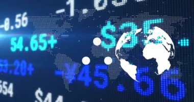 Dünya üzerindeki veri işleme ve küre animasyonları. Dijital olarak oluşturulmuş küresel bağlantılar, hesaplama ve veri işleme kavramı.