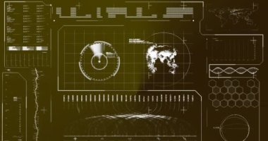 Koyu arkaplanda veri işleme animasyonu. Küresel iş, bilgisayar, dijital arayüz ve veri işleme kavramı dijital olarak oluşturuldu.