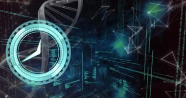 Veri işleme ve pleksus ağlarına karşı çalışan saatin animasyonu ve dönen DNA yapısı. Tıbbi araştırma ve iş teknolojisi kavramı