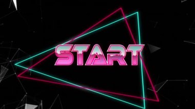 Başlangıç metninin siyah arkaplandaki neon çizgileri üzerinden canlandırılması. Dijital olarak oluşturulmuş video oyunu, bağlantılar, hesaplama ve veri işleme kavramı.