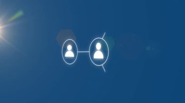 Animation of connected profile icons over dots and lens flares against blue background. Digitally generated, hologram, illustration, communication, abstract and technology concept.