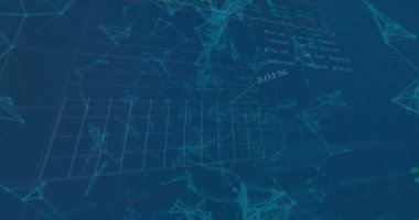 Animation of graphs, trading board over connected dots against abstract background. Digitally generated, hologram, illustration, communication, report, business and stock market concept.