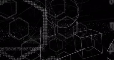 DNA yapısı üzerinde matematiksel denklemlerin animasyonu ve siyah arkaplanda altıgen şekiller. Tıbbi araştırma ve bilim teknolojisi kavramı