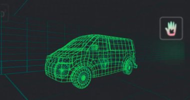 3D Van Modeli üzerinde birden fazla dijital simge tünelde kusursuz bir şekilde hareket ediyor. Ev ve sürdürülebilir enerji kavramı