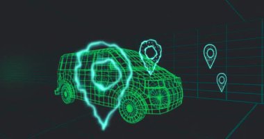 3D Van Modeli üzerinde birden fazla lokasyon pin simgelerinin bir tünelde pürüzsüz bir şekilde hareket etmesi. Ev sürdürülebilir enerji ve GPS kavramı