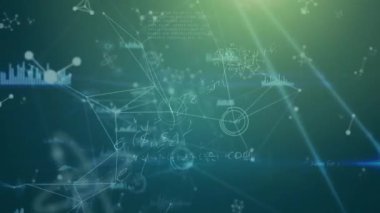 Matematiksel denklemler ve diyagramlar üzerinde bağlı noktaların nükleotitlere karşı animasyonu. Dijital olarak üretilmiş, hologram, illüstrasyon, iletişim, eğitim, tıbbi ve teknoloji kavramı.