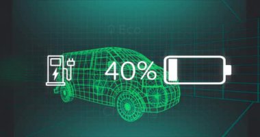 Batarya şarj arayüzünün 3 boyutlu minibüs modelinin bir tünelde kusursuz bir şekilde ilerlemesi animasyonu. Ev ve sürdürülebilir enerji kavramı