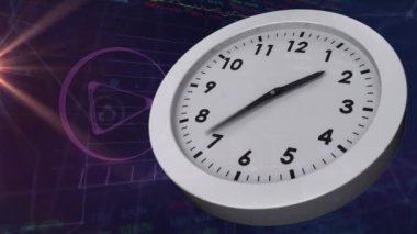 Saat animasyonu arka plandaki lens fişeklerine karşı birden fazla grafik ve takas panosunun üzerinde. Dijital bileşik, çoklu pozlama, rapor, iş, zaman, borsa ve teknoloji kavramı.