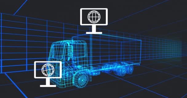 トンネル内のシームレスなパターンで移動する3Dトラックモデル上のコンピュータネットワークアイコンのアニメーション Evと持続可能なエネルギーの概念 — ストック動画