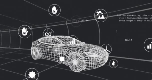 Animacja Wielu Ikon Cyfrowych Ponad Modelu Samochodu Poruszającego Się Płynnym — Wideo stockowe