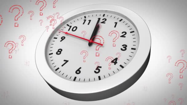 Animación Signos Interrogación Sobre Reloj Marcando Sobre Fondo Blanco Conexiones — Vídeos de Stock