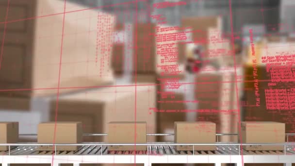 コンベアベルト上の段ボール箱上のデータ処理のアニメーション グローバル出荷 ビジネス コンピューティング デジタルインターフェイスとデータ処理コンセプトデジタル生成されたビデオ — ストック動画