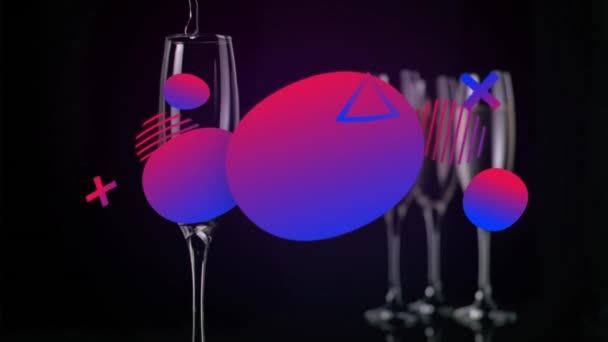 在黑色背景的香槟酒杯上动画的销售文字和形状 数字视频销售 零售和庆祝概念 — 图库视频影像
