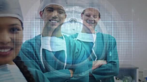 Animatie Van Gegevensverwerking Diverse Chirurgen Het Ziekenhuis Mondiale Geneeskunde Gezondheidszorg — Stockvideo