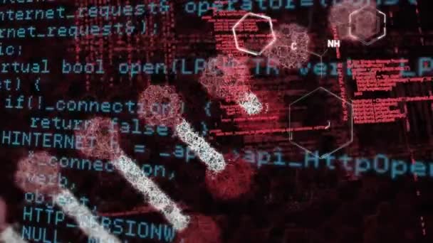 Анімація Комп Ютерної Мови Над Молекулярними Структурами Dna Спіраль Чорному — стокове відео