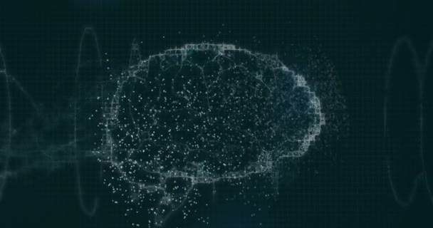 Dna鎖が人間の脳の上を回転するアニメーション グローバルサイエンス コンピューティング データ処理の概念デジタル生成ビデオ — ストック動画