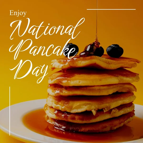 Enjoy National Pancake Day Text White Pancake Stack Blueberries Pouring — Stock Photo, Image