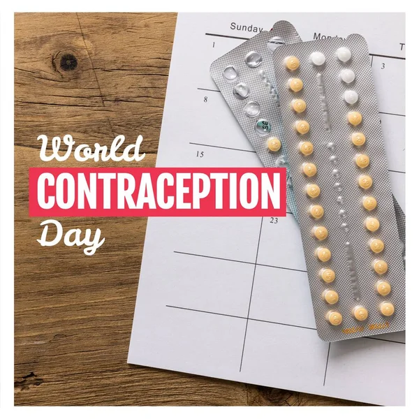 Texto Del Día Mundial Anticoncepción Sobre Píldoras Anticonceptivas Calendario Mesa — Foto de Stock
