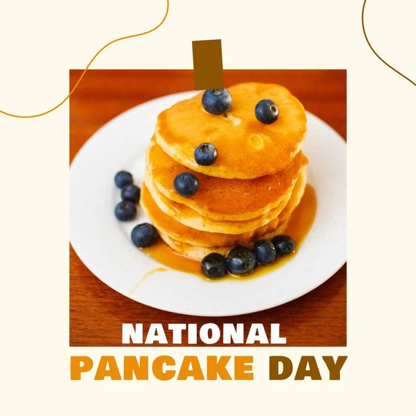 National Pancake Day Text White Brown Pancake Stack Plate Blueberries — Stock Photo, Image