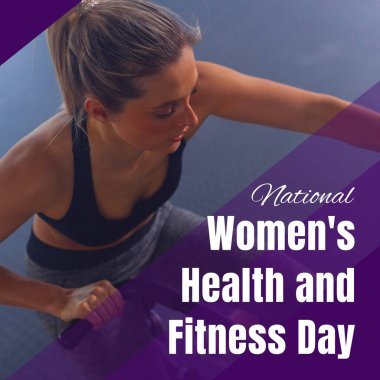 National women's health and fitness day text over caucasian woman training on exercise bike. Female fitness and healthy lifestyle awareness promotion campaign digitally generated image.