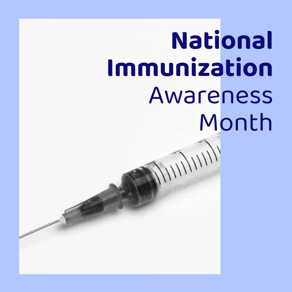 Nationale Immunisatie Bewustzijn Maand Tekst Blauw Spuit Wit Gezondheids Medische — Stockfoto