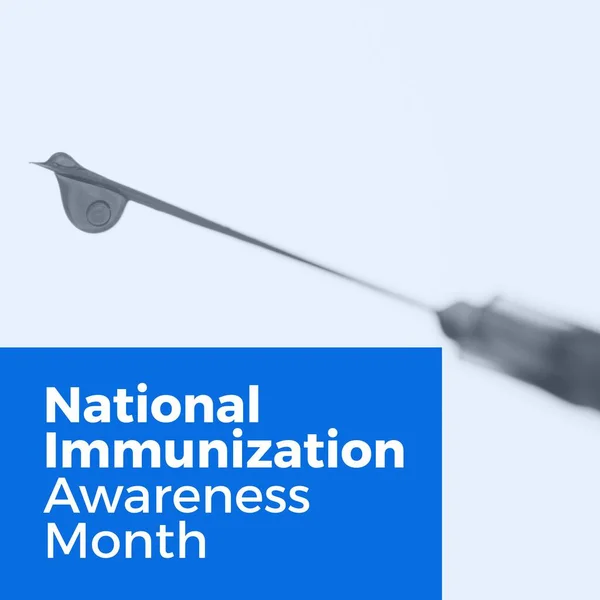 Nationale Immunisatie Bewustzijn Maand Tekst Blauw Druppelende Spuit Gezondheids Medische — Stockfoto