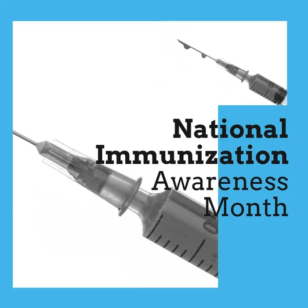 Nationale Immunisatie Bewustzijn Maand Tekst Blauw Spuit Druipende Spuit Gezondheids — Stockfoto