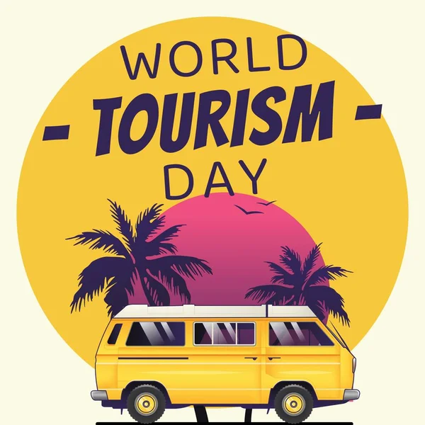 Světový Turistický Den Text Žlutém Kruhu Červeným Zapadajícím Sluncem Palmami — Stock fotografie