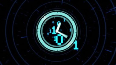 Animation of clock, binary coding and data processing over dark background. Global digital interface, computing and data processing concept digitally generated video.