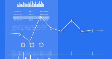 Mavi arkaplanda istatistik ve veri işleme animasyonu. Dijital arayüz, hesaplama ve veri işleme kavramı dijital olarak oluşturuldu.