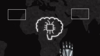 Animation of ai data processing over robot's arm and brain and dark background. Global artificial intelligence, digital interface, computing and data processing concept digitally generated video.