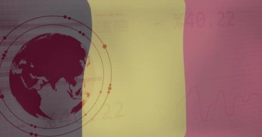 Belçika bayrağı dalgalanırken istatistik ve veri işleme animasyonu. İş, iletişim, dijital arayüz, finans ve veri işleme kavramı dijital olarak oluşturulmuş video.
