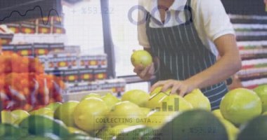 Animation of statistics data processing over caucasian woman working in supermarket. Business, retail, communication, digital interface, finance and data processing concept digitally generated video.