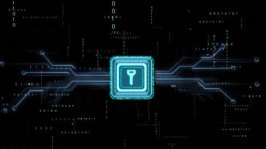 Anahtar ve karanlık arkaplan üzerinde ai veri işleme animasyonu. Küresel yapay zeka, dijital arayüz, hesaplama ve veri işleme kavramı dijital olarak oluşturuldu.