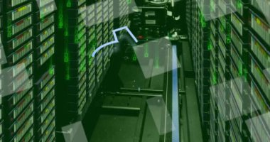 Bilgisayar sunucularının arka planında ai veri işleme animasyonu. Küresel yapay zeka, dijital arayüz, hesaplama ve veri işleme kavramı dijital olarak oluşturuldu.