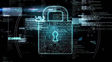 Asma kilit ve karanlık arka planda ai veri işleme animasyonu. Küresel yapay zeka, dijital arayüz, hesaplama ve veri işleme kavramı dijital olarak oluşturuldu.