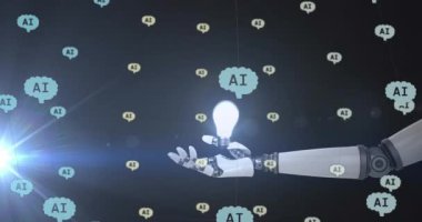 Ampul arkaplanlı bir robot kolunun üzerinde ai veri işleme animasyonu. Küresel yapay zeka, dijital arayüz, hesaplama ve veri işleme kavramı dijital olarak oluşturuldu.